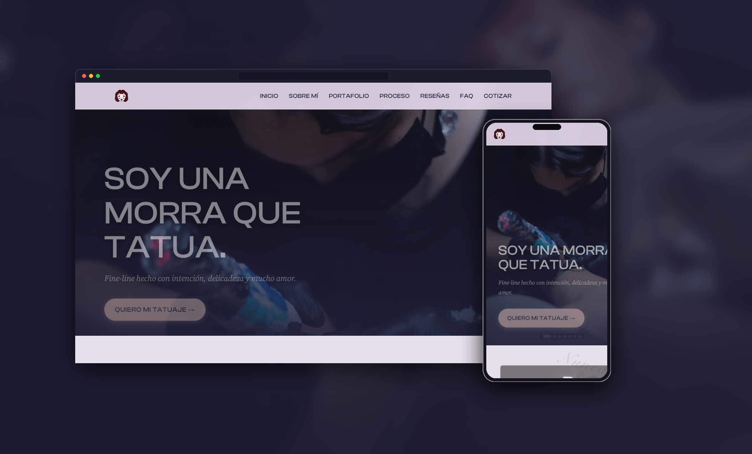High-resolution desktop and mobile device mockup of Los Tatuajes De Una Morra website against low-key studio lighting photography backdrop